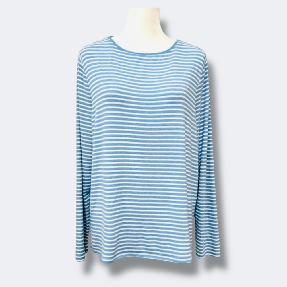 Chico’s Tunic Top Women Large Blue White Stripe Long Sleeve Stretch Knit Soft